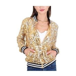 Womens Sequin Jacket Sparkle Long Sleeve Front Zip Casual Blazer Bomber Jacket W